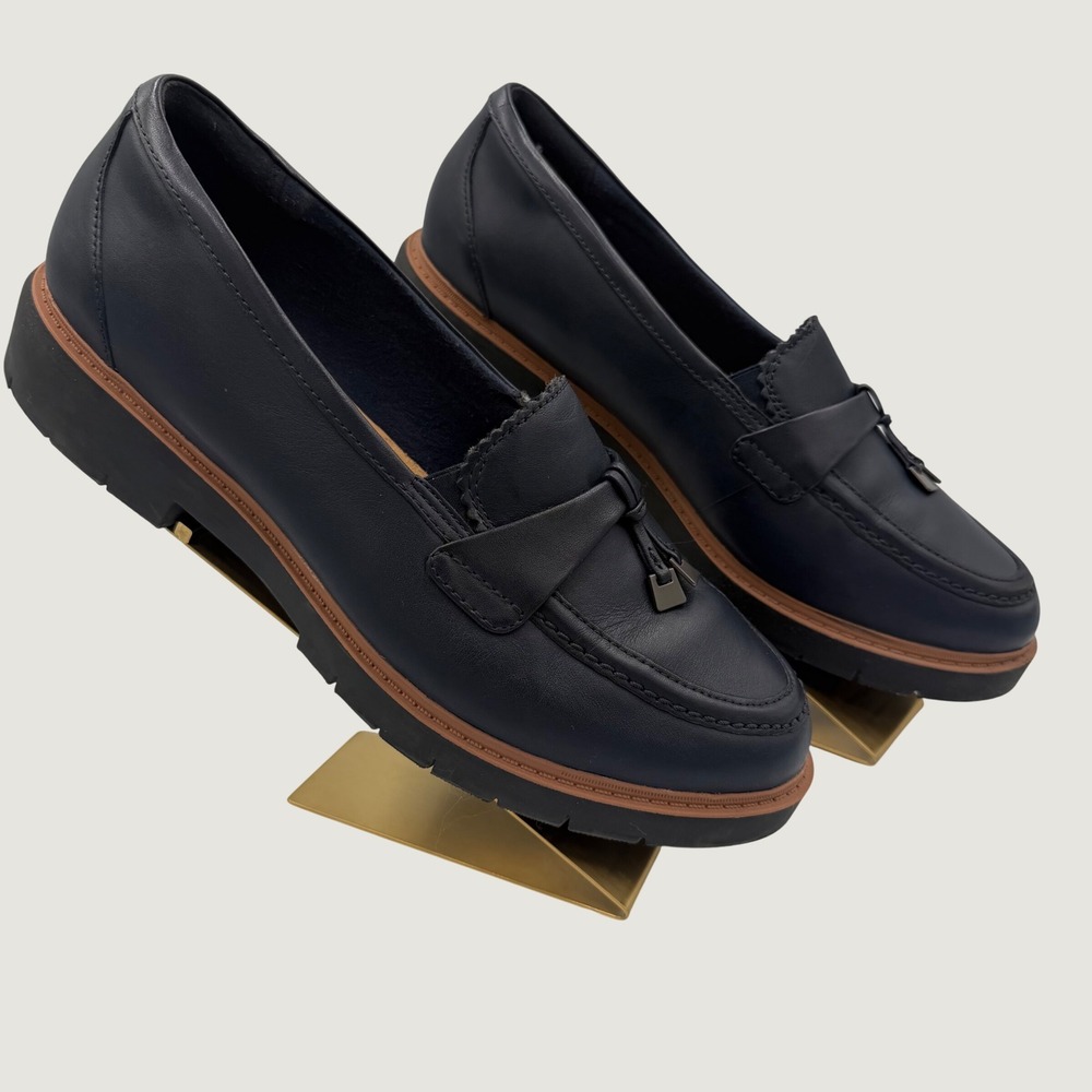 Leather Loafers Office Siren Preppy Tassel Lug Sole Clarks Navy Womens Size 10